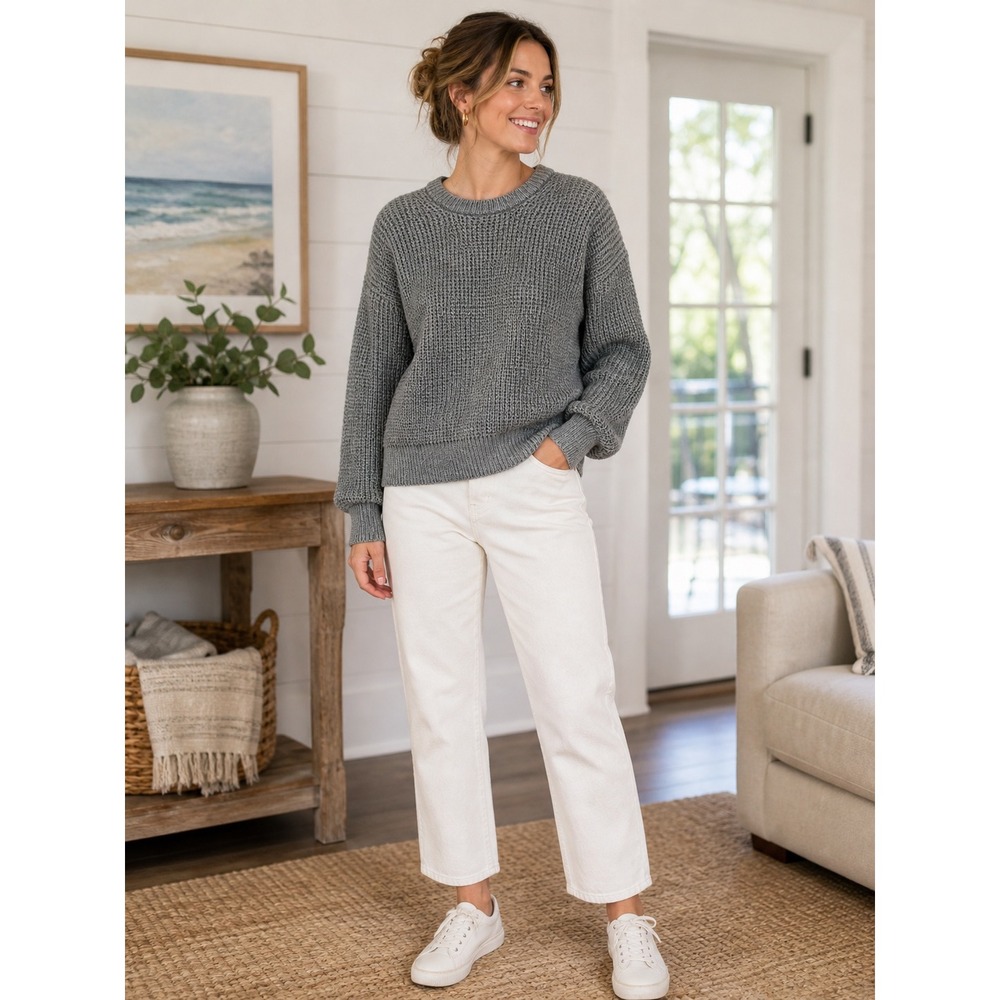 LOFT & BROWNSTONE Sweater Women's L Chunky Gray Crew Neck‎ Pullover Knit Wool